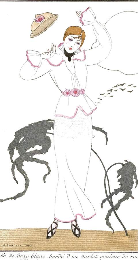 The Ego: a figure holding her hat up, her face covered by a sticker