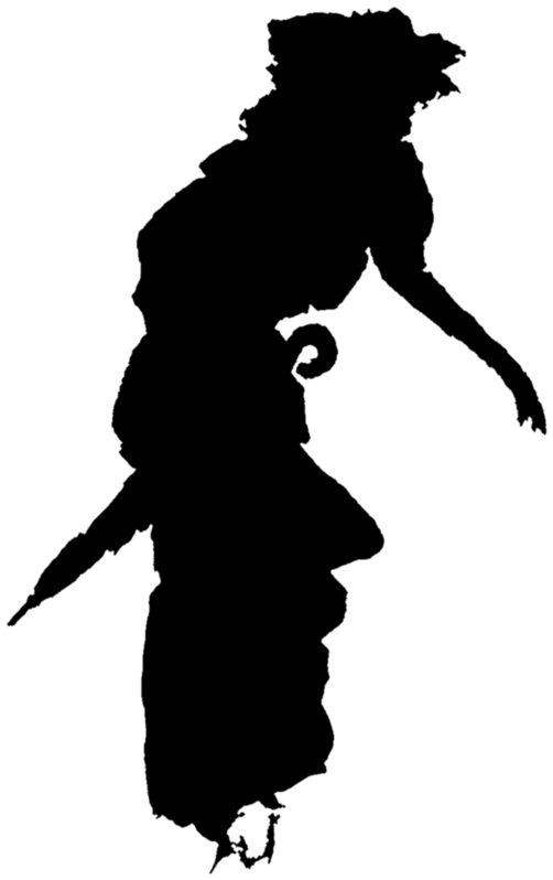 The Unconscious: a figure cut from black paper, hurrying with an umbrella